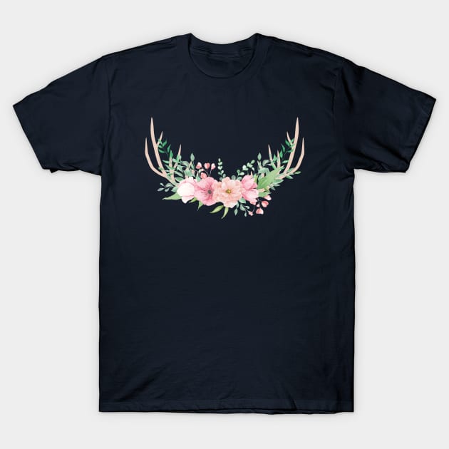 Flowers Deer Antlers T-Shirt by Cation Studio